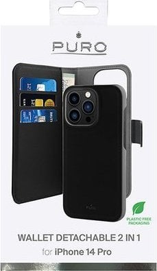 Këllëf portofol Puro për iPhone 14 Pro, 2 në 1, magnetik, i zi