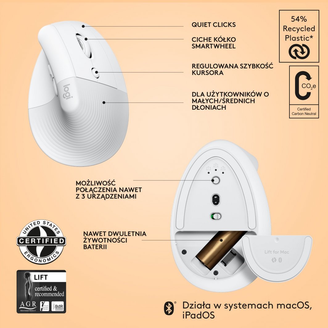 Maus Logitech Lift, wireless, Bluetooth, USB, i bardhë