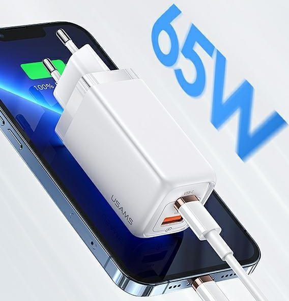 Karikues muri Usams T47 CC153TC02, 65W, 1x USB C 1x USB A, i bardhë