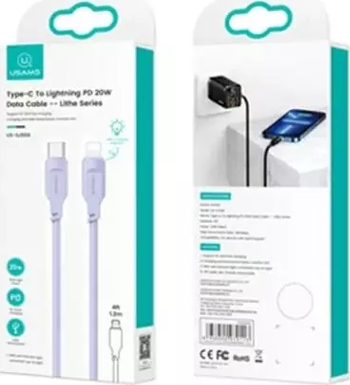 Kabllo USB Usams Lithe Series US SJ566, USB C në Lightning, 1.2m, e vjollcë