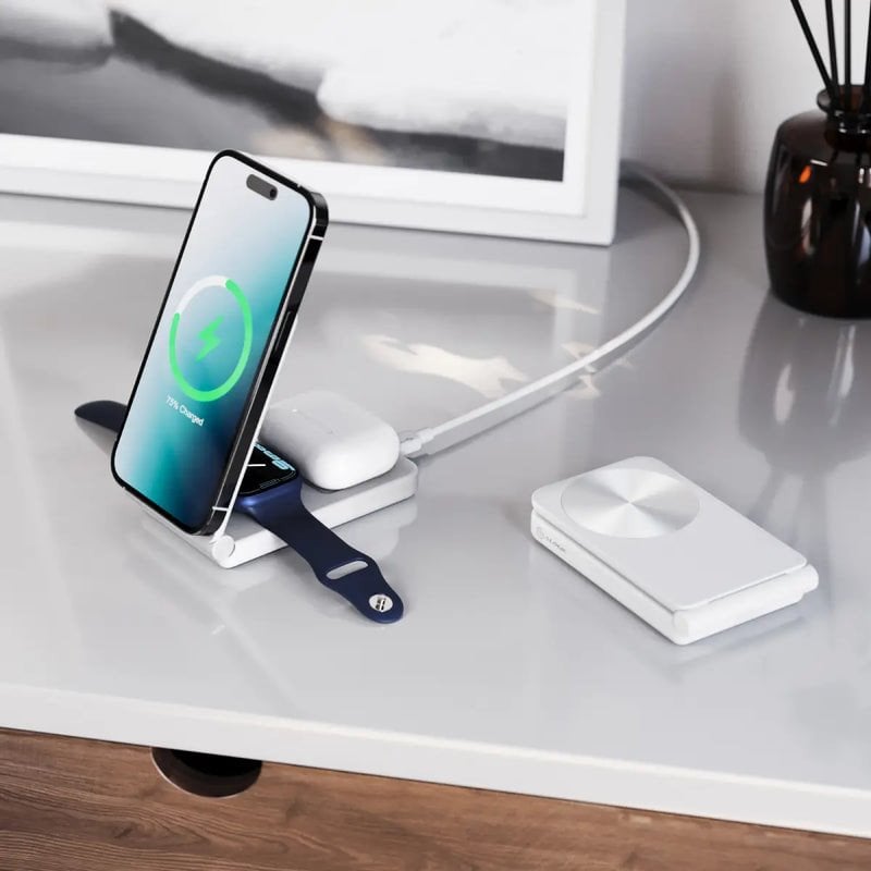 Karikues wireless 3 në 1 Alogic YOGA, qëndrim palosës, 15W, i bardhë