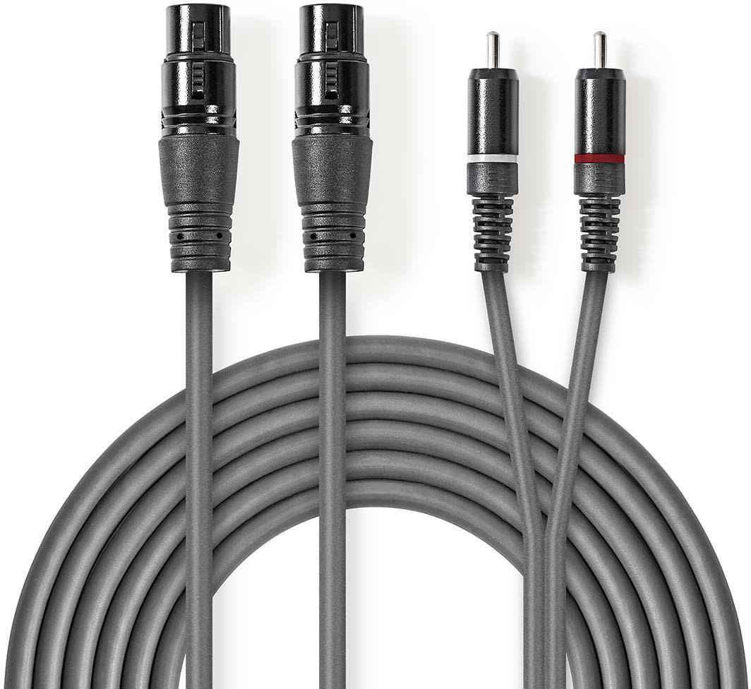 Kabllo audio Nedis OnStage, 2x XLR 3 pin femër në 2x RCA mashkull, 1.5 m, gri
