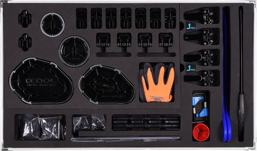 Set mjetesh Alphacool Eiskoffer Professional, përkulje HardTube 13 16mm, valixhe profesionale, i zi