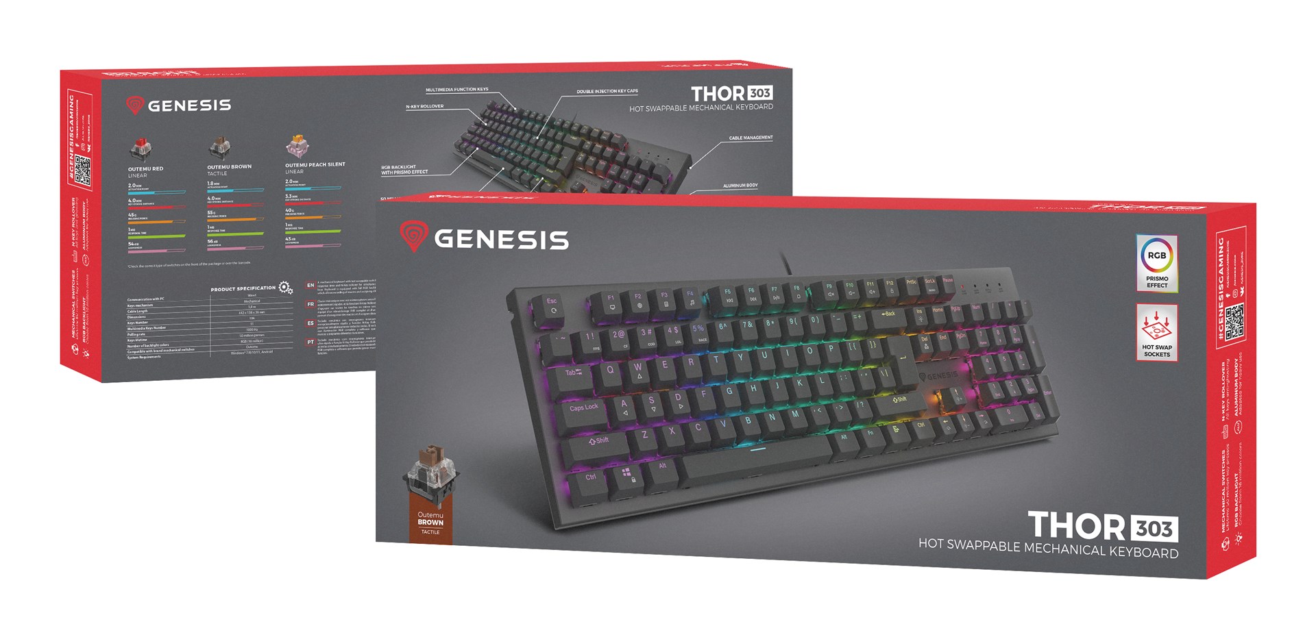 Tastierë mekanike THOR 303, Outemu Brown, USB Type-A, e zezë