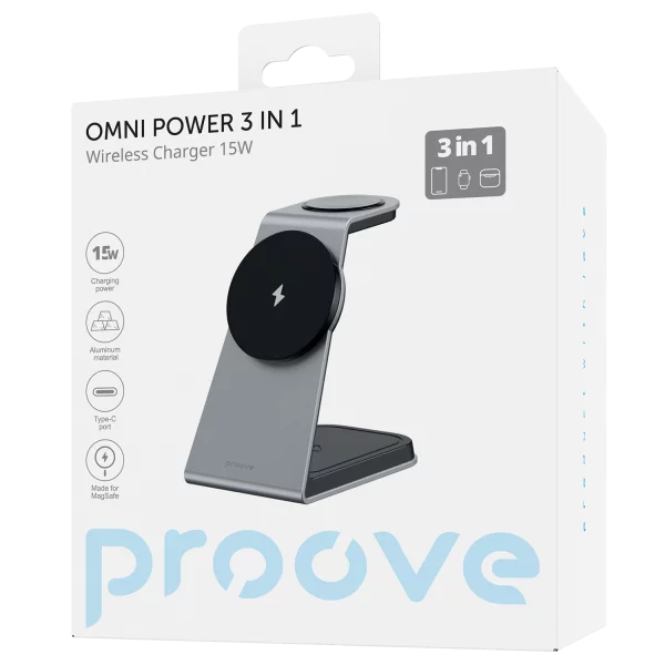 Karikues wireless 3 në 1 Proove Omni Power, 15W, gri