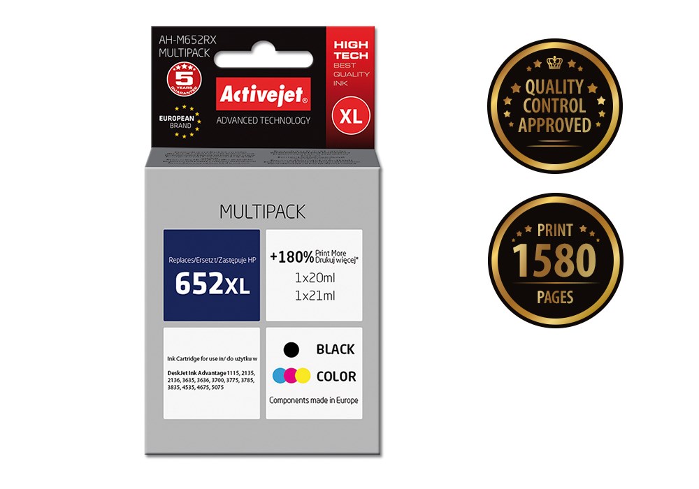 Ngjyrë për printer Activejet AH-M652RX (zëvendësim për HP 652 F6V25AE/F6V24AE), 2 copë, e zezë / e kaltër / vjollcë / e verdhë