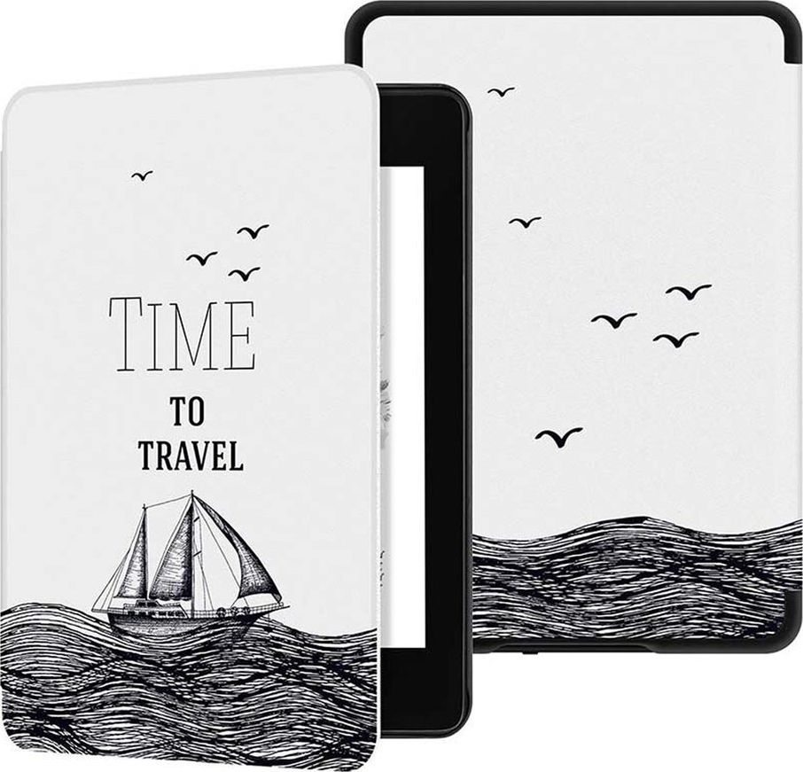 Këse mbrojtëse për e-book Amazon Kindle Paperwhite 4, me magnet, dizajn Time to Travel, e bardhë