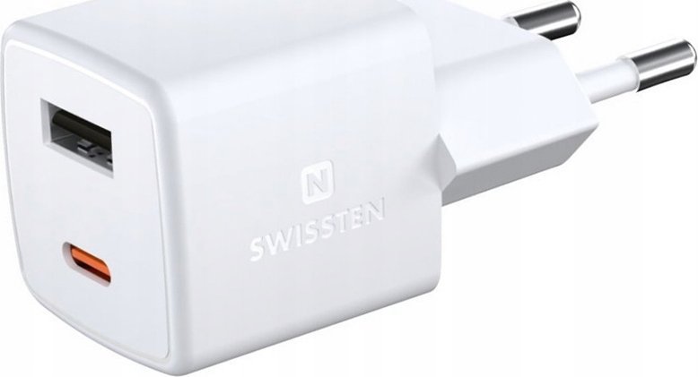 Karikues muri Swissten GaN Mini, 30W Power Delivery, 1x USB C 1x USB, i bardhë