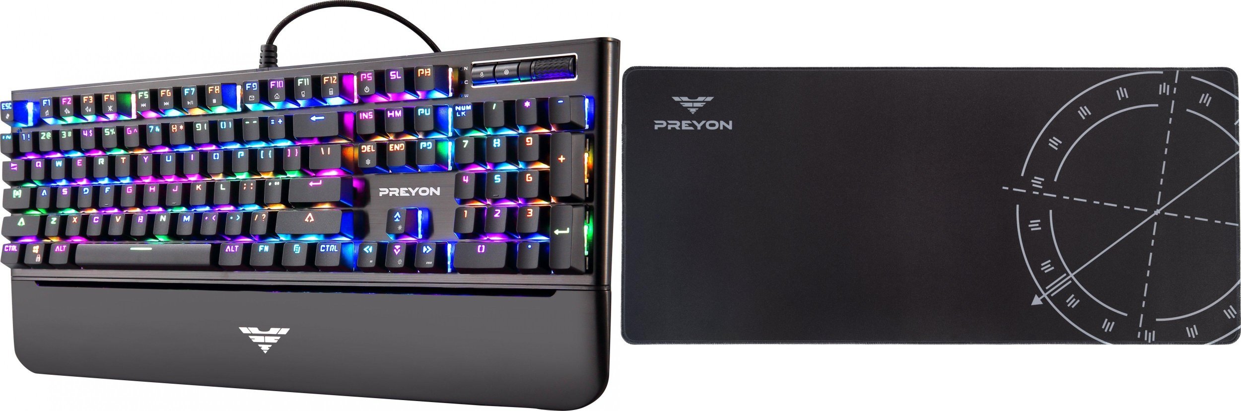 Set tastierë mekanike dhe mausi PREYON Long Claw Brown me Gateron Brown, 104 taste, RGB, me mouse pad Falcon Speed XL, i zi