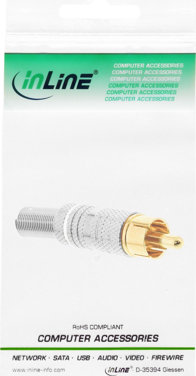 Fishe RCA InLine, prizë mashkull metalike për saldim, për kabllo 6mm, argjendtë