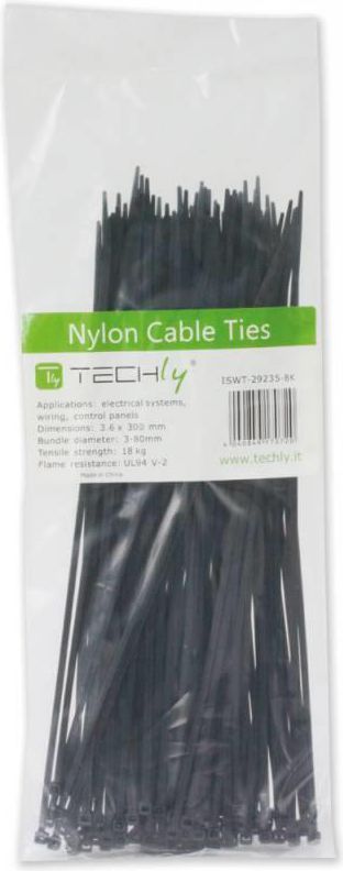 Organizues Techly Cable Tie Black, pako me 100 copë