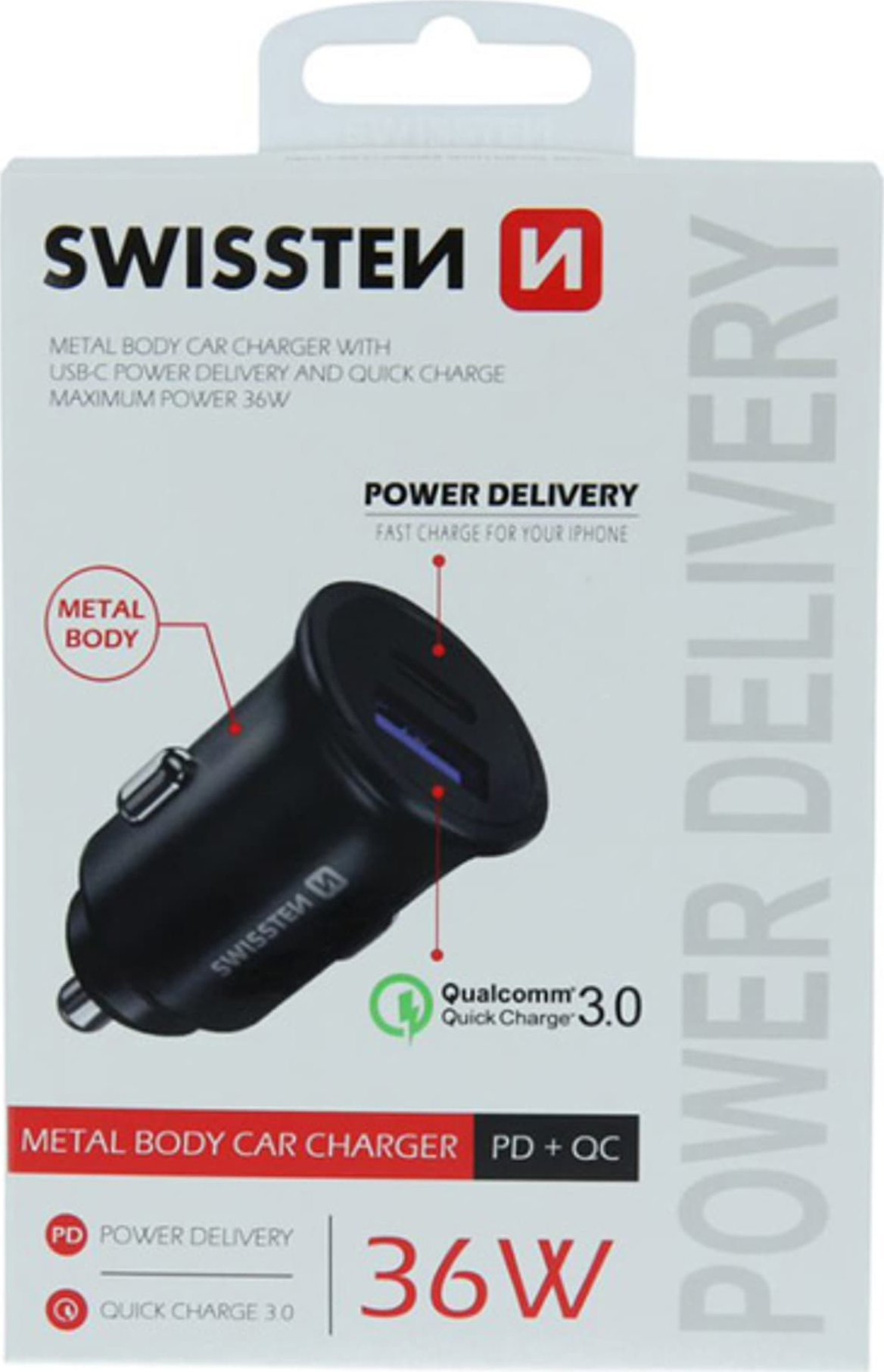 Полнач за автомобил Swissten CL адаптер, USB-C Power Delivery, Quick Charge 3.0 36W, црн металик