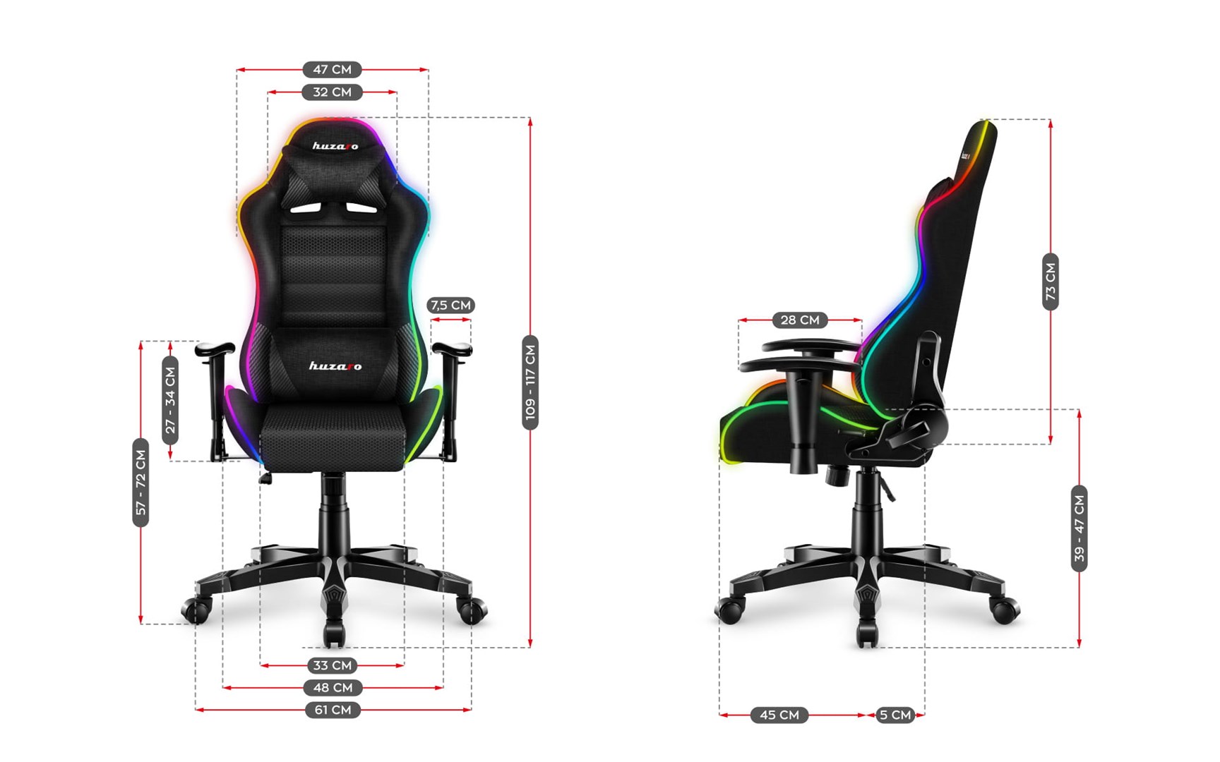 Karrige lojërash për fëmijë Huzaro Ranger 6.0 RGB, 130kg, e zezë