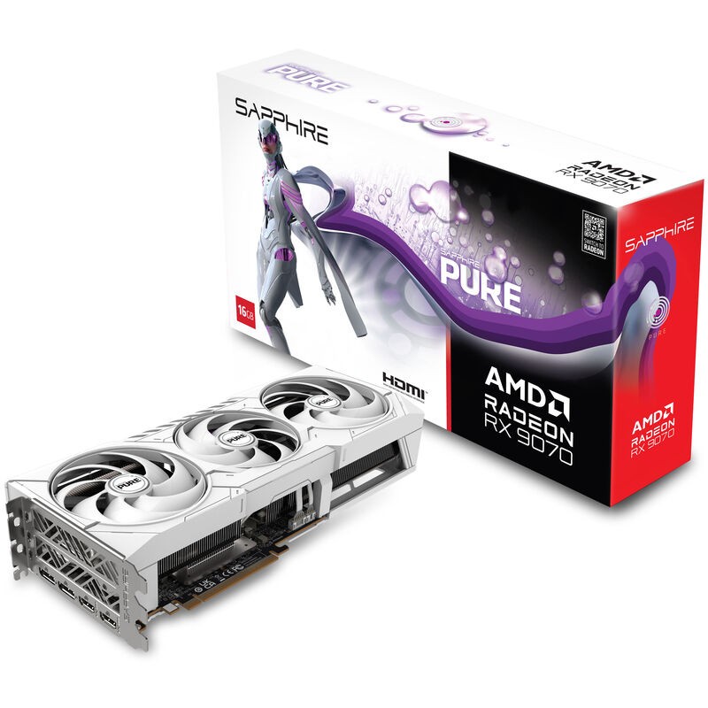 Kartë grafike Sapphire AMD Radeon RX 9070 PURE, 16GB GDDR6, 3 fansa, e bardhë