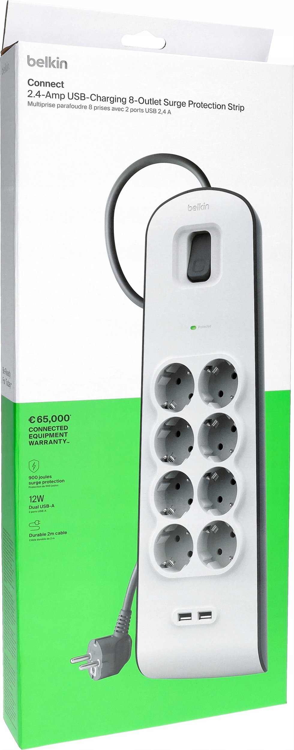 Prizë zgjatese Belkin Power Strip Surge Protection, 8 dalje, USB, 2 m, e bardhë