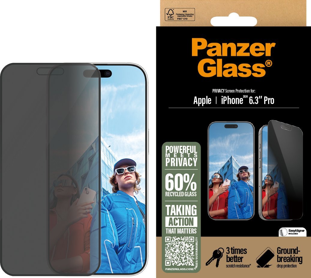 Mbrojtëse ekrani PanzerGlass Privacy për iPhone 16 Pro, Ultra-Wide Fit, transparente