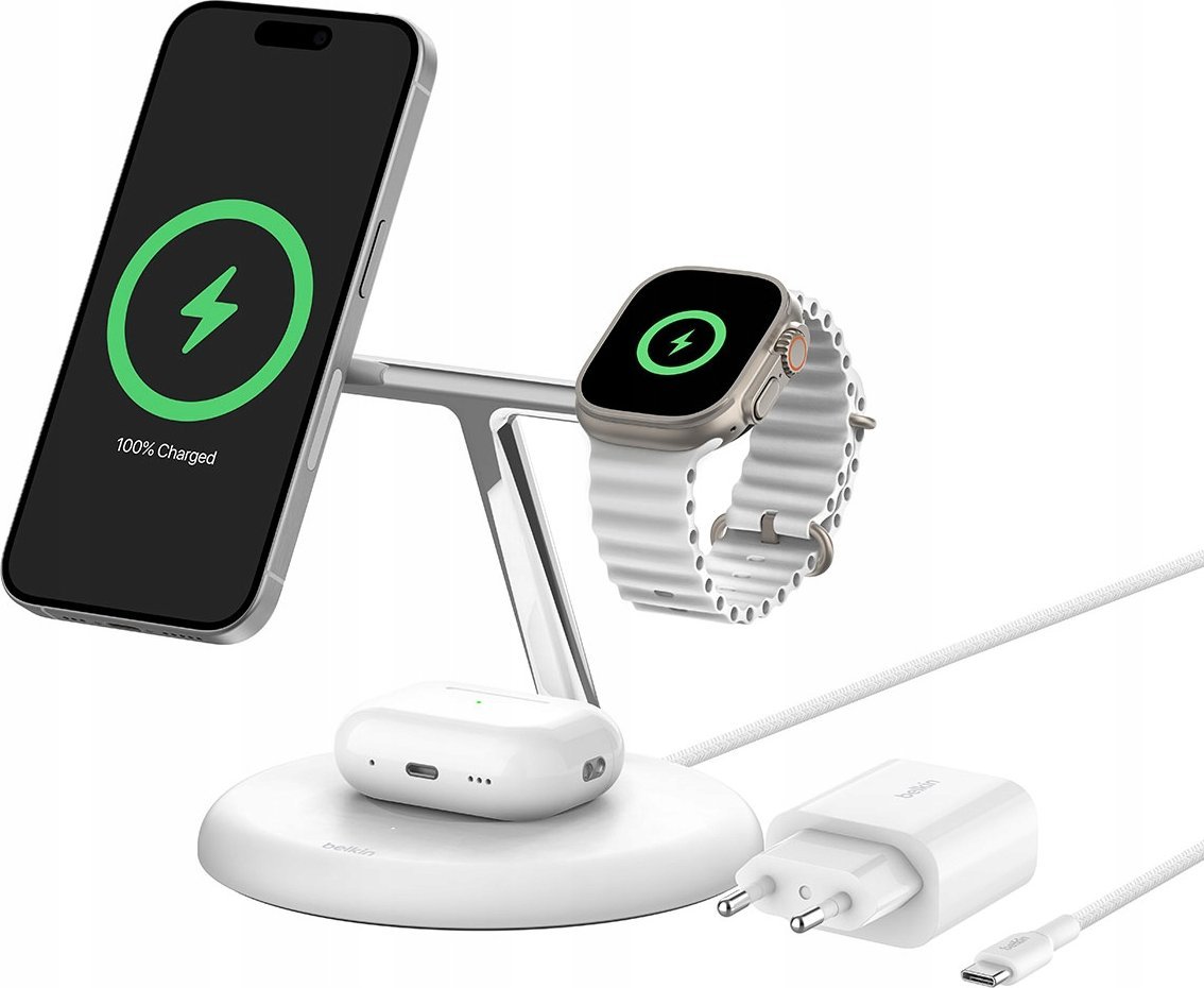 Stacion karikimi Belkin BoostCharge Pro 3 in 1, Qi2, 15W, i bardhë