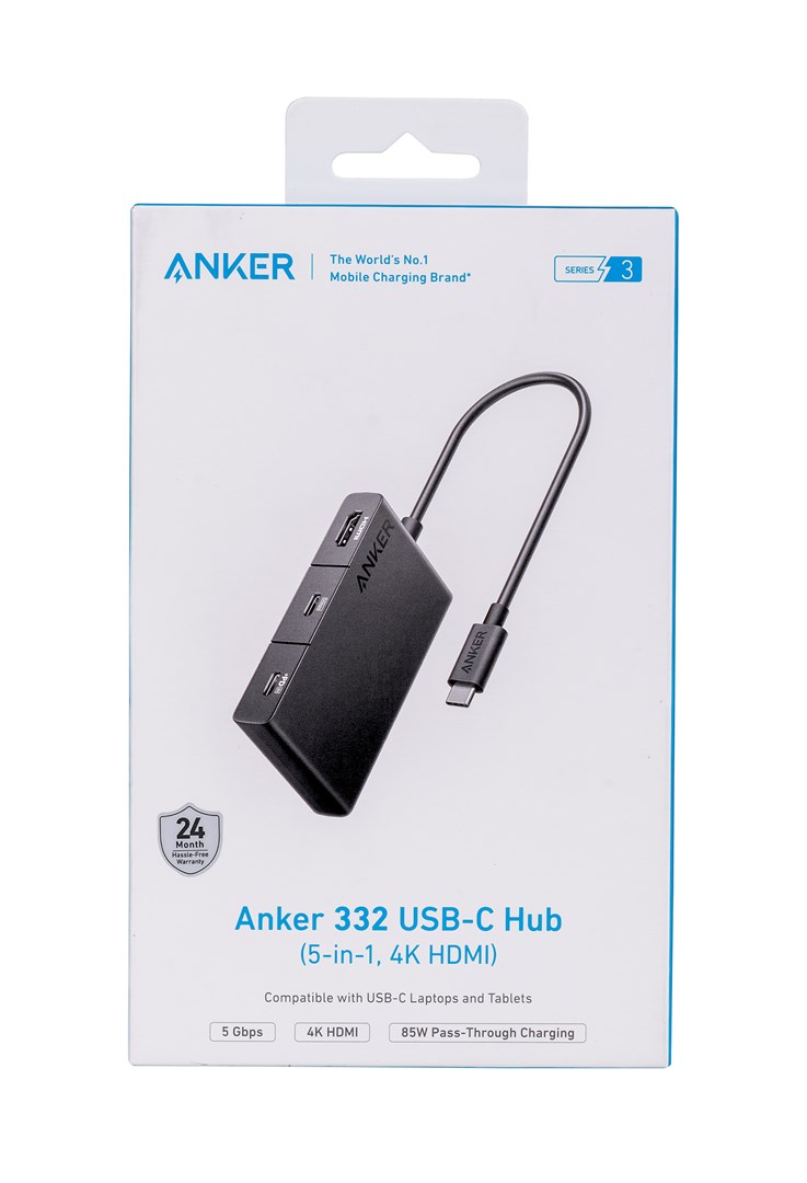 USB Hub Anker 332, 5-in-1, USB-C, 4K HDMI, 100W PD, i hirtë