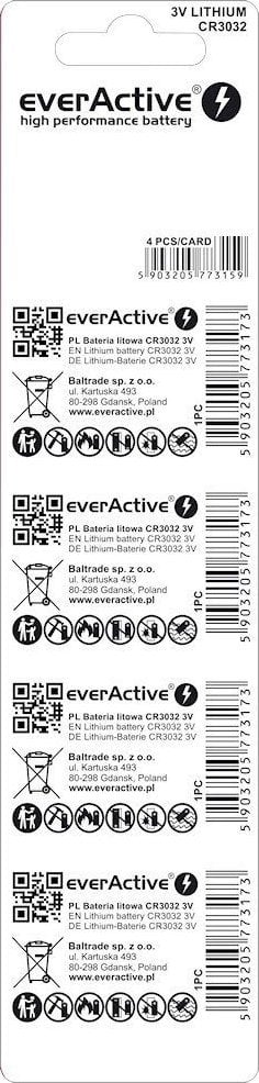 Bateri litiumi EverActive CR3032, set 4 copë, 3V
