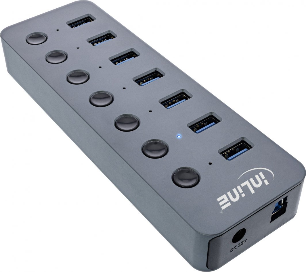 USB разделник InLine USB 3.2 Gen 1, 7 порти, со прекинувач, алуминиум, сива