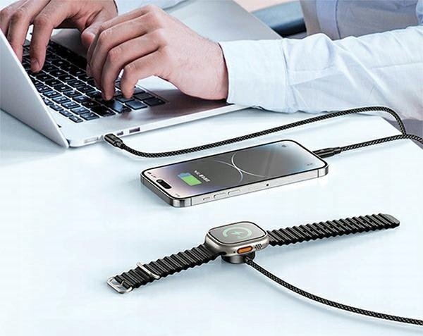 Кабел за полнење 3 во 1 Awei W23, USB C Лајтнинг Епл Воч, 120 cm, црна