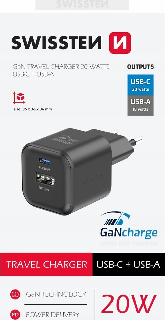 Karikues muri Swissten Power Adapter GaN, 20W PD, QC 18W, i zi