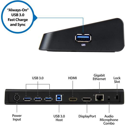 Zgjerues për USB StarTech 4K (USB3DOCKHDPC), 4K, USB 3.0, RJ45, 1000 Mbps, i zi