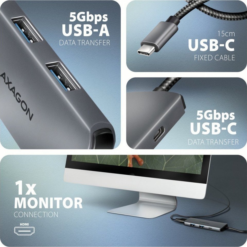 USB HUB Axagon HMC-5H8K, 2x USB-A, 1x USB-C, HDMI 8K, PD 100W, gri