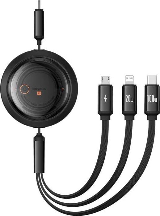 Kabllo karikimi Baseus Free2Draw 3in1, USB C Lightning Micro USB, 100W 1.1m, e zezë