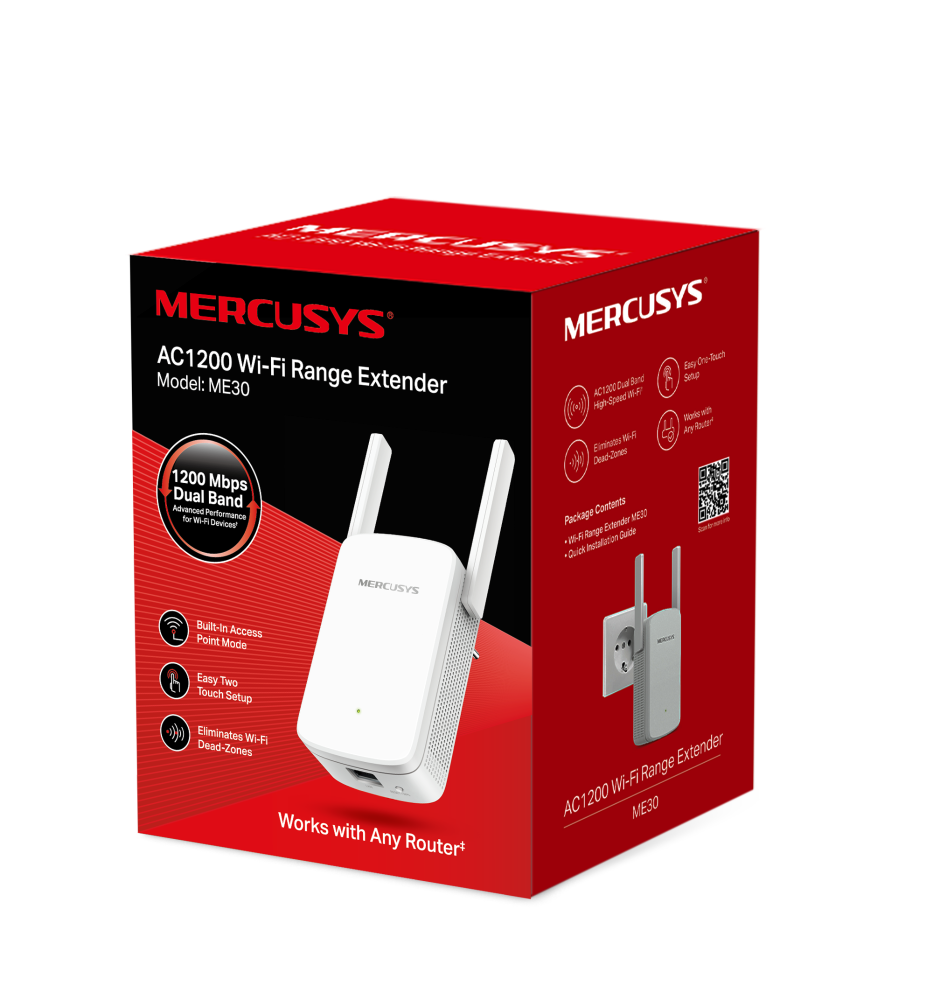 Zgjerues rrjeti Wi-Fi Mercusys AC1200, 5 GHz & 2.4 GHz, 2 antena, i bardhë
