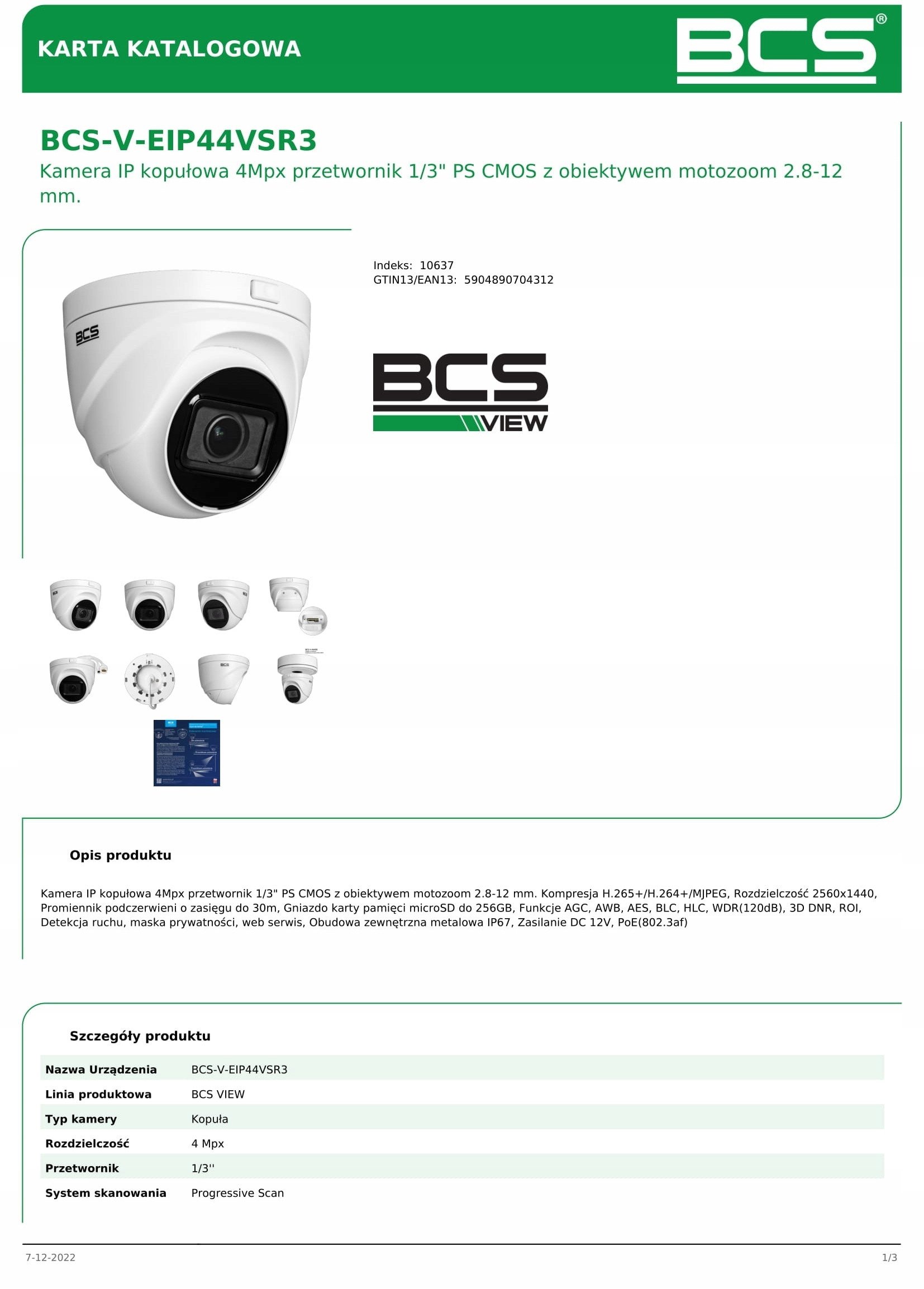 Kamerë dome IP BCS VIEW BCS-V-EIP44VSR3, 4MP, lente 2.8–12mm, e bardhë