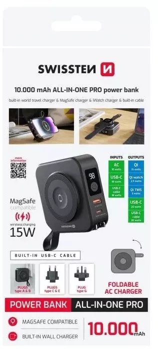 Powerbank Magsafe Swissten 22013971, 10000 mAh, 15W, црна