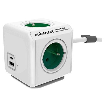 Zgjatues me priza Cubenest Powercube Extended USB PD 20W, 4x prizë, USB A+C, 1.5 m, i bardhë jeshil