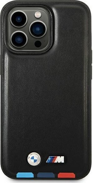 Mbulesë telefoni BMW Leather Stamp Tricolor MagSafe për iPhone 14 Pro 6.1", lëkurë natyrale, e zezë