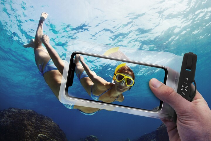 Këllëf i papërshkueshëm nga uji FIXED Float për celular, universal, IPX8, i zi 