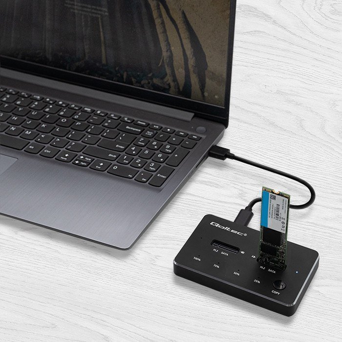 Docking station për SSD QOLTEC 50310, 2x M.2 SATA, USB Type C, i zi