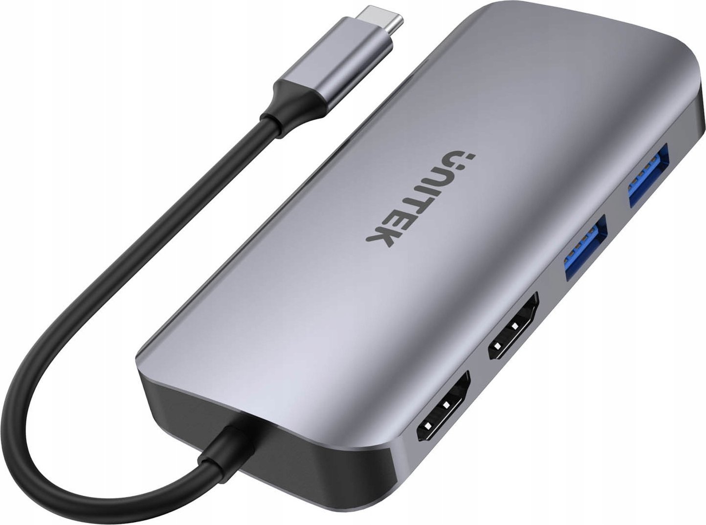 Hub USB C Unitek D1122A01, 2x HDMI 4K, RJ 45, lexues karte SD, PD 100W, gri