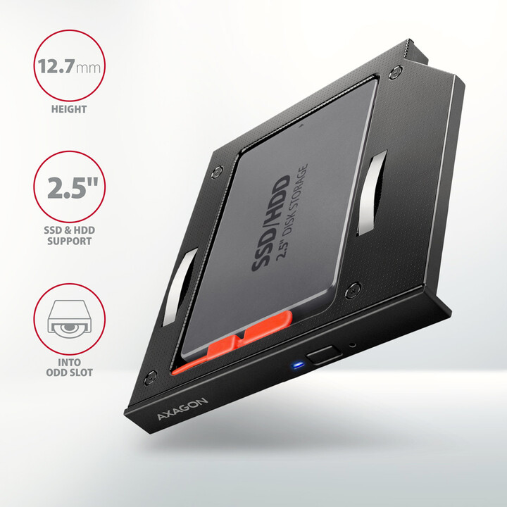Kornizë AXAGON RSS-CD12 për 2.5" SSD/HDD në slot DVD, 12.7 mm, LED, alumini