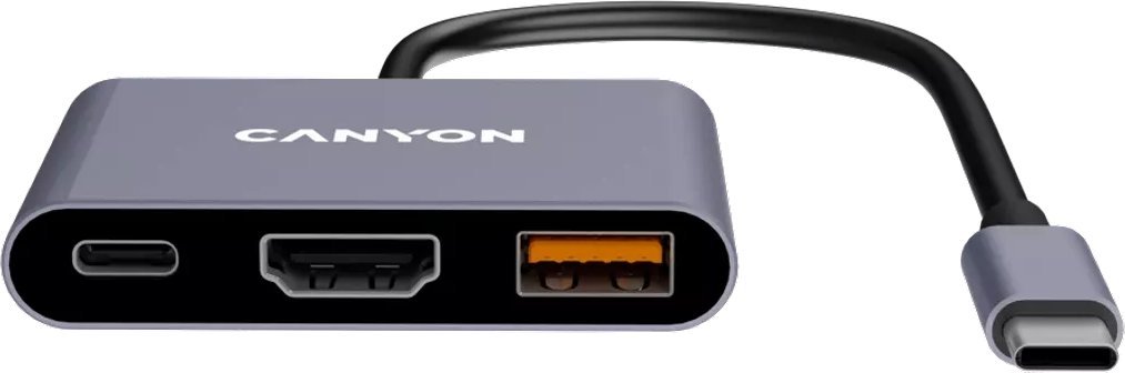 HUB USB Canyon CNE-CHDMI3, USB C në HDMI USB A PD 100W, gri