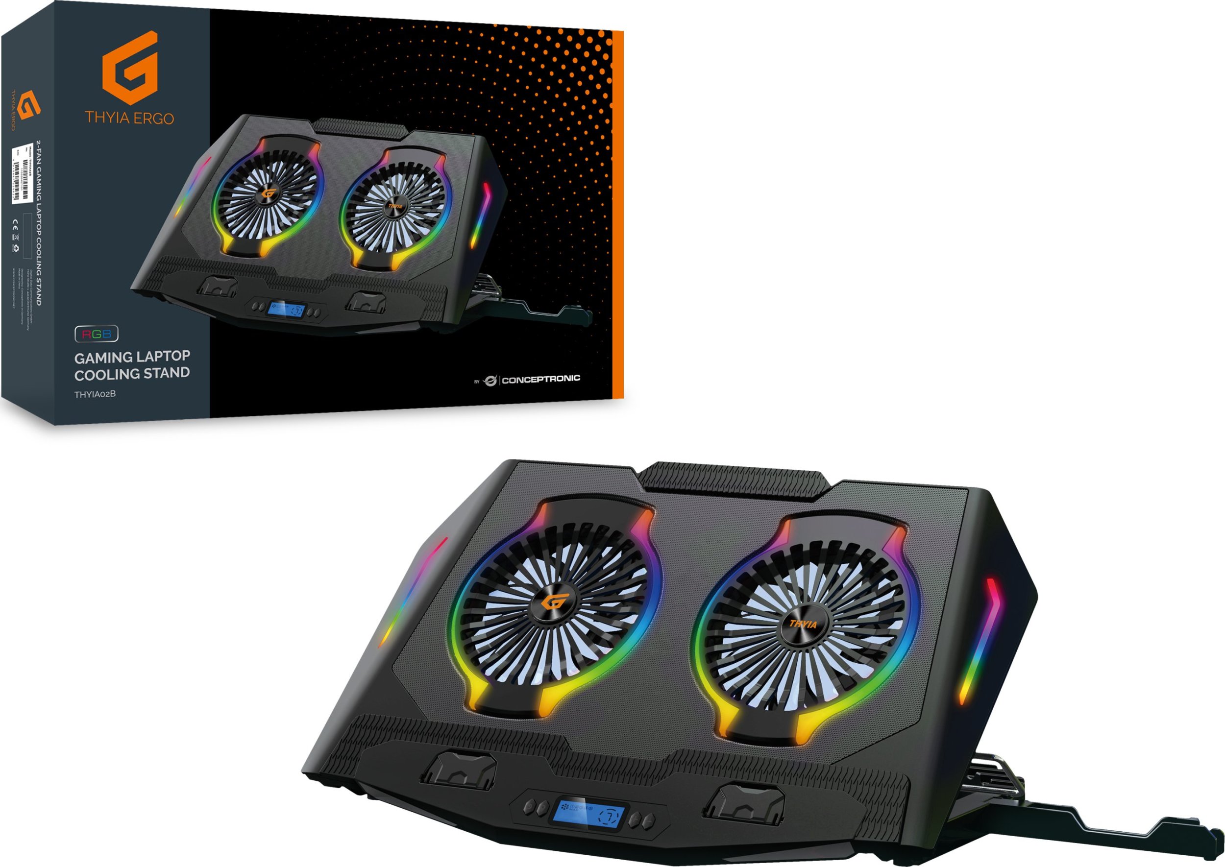 Stand ftohës për laptop Conceptronic THYIA ERGO, 2 fan, RGB, i zi