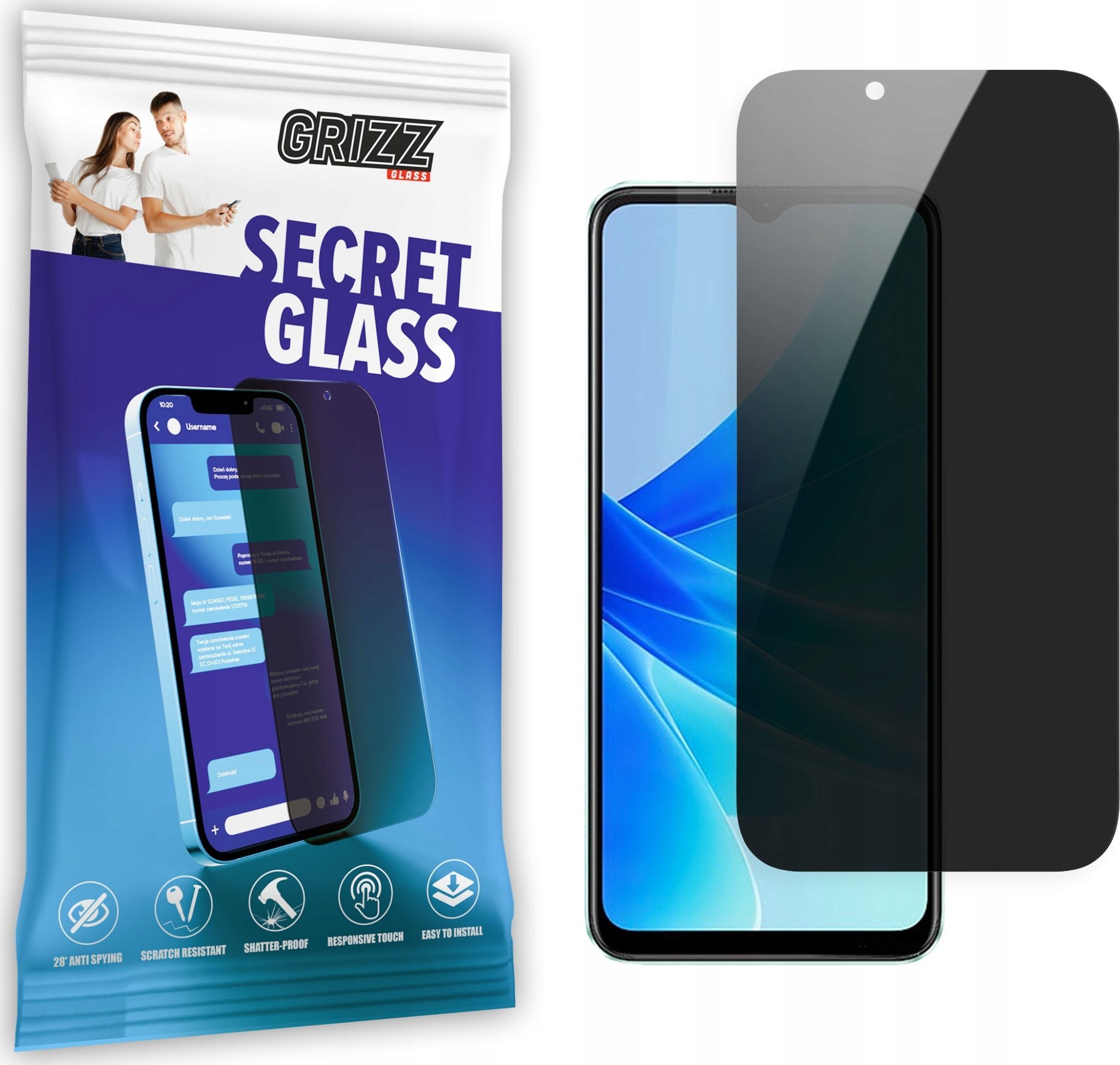 Xham mbrojtës privatësie Grizz SecretGlass për Oppo A57 4G, xham i përforcuar, montim i lehtë, transparent