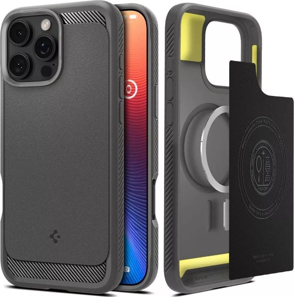 Mbulesë telefoni Spigen Rugged Armor MagFit për iPhone 16 Pro Max, kompatibile me MagSafe, standard ushtarak, gri