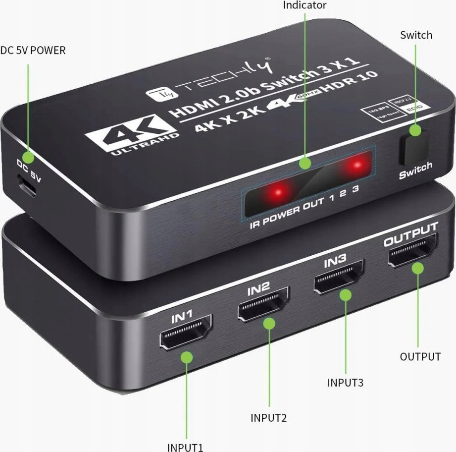 Ndërprerës HDMI 4K 60Hz HDR, 3 porta, me telekomandë, i zi