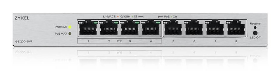 Switch i menaxhueshëm ZYXEL GS1200-8HPV3, 8 porta Gigabit, PoE, i zi