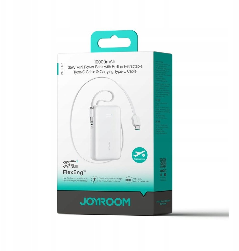 Powerbank Joyroom JR-PR2, 10000mAh, 35W, со кабел USB-C и Lightning, бел