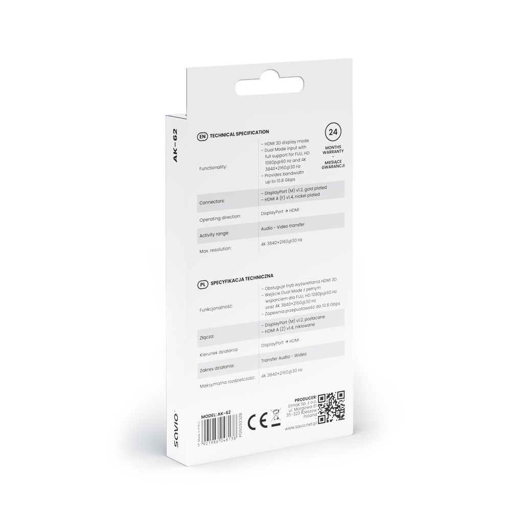 Adapter AV Savio DisplayPort në HDMI SAVAK-62, 4K, i zi