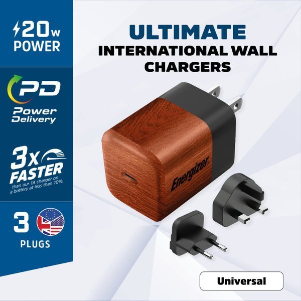 Karikues Energizer Ultimate, 20W GaN PD, me adapter EU UK US, Walnut burl