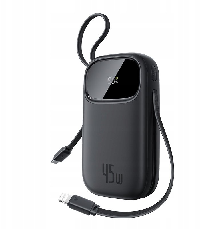 Power bank Baseus Star-Lord Digital Display, 20000mAh, 45W, me kabllo të integruar USB-C dhe Lightning, i zi