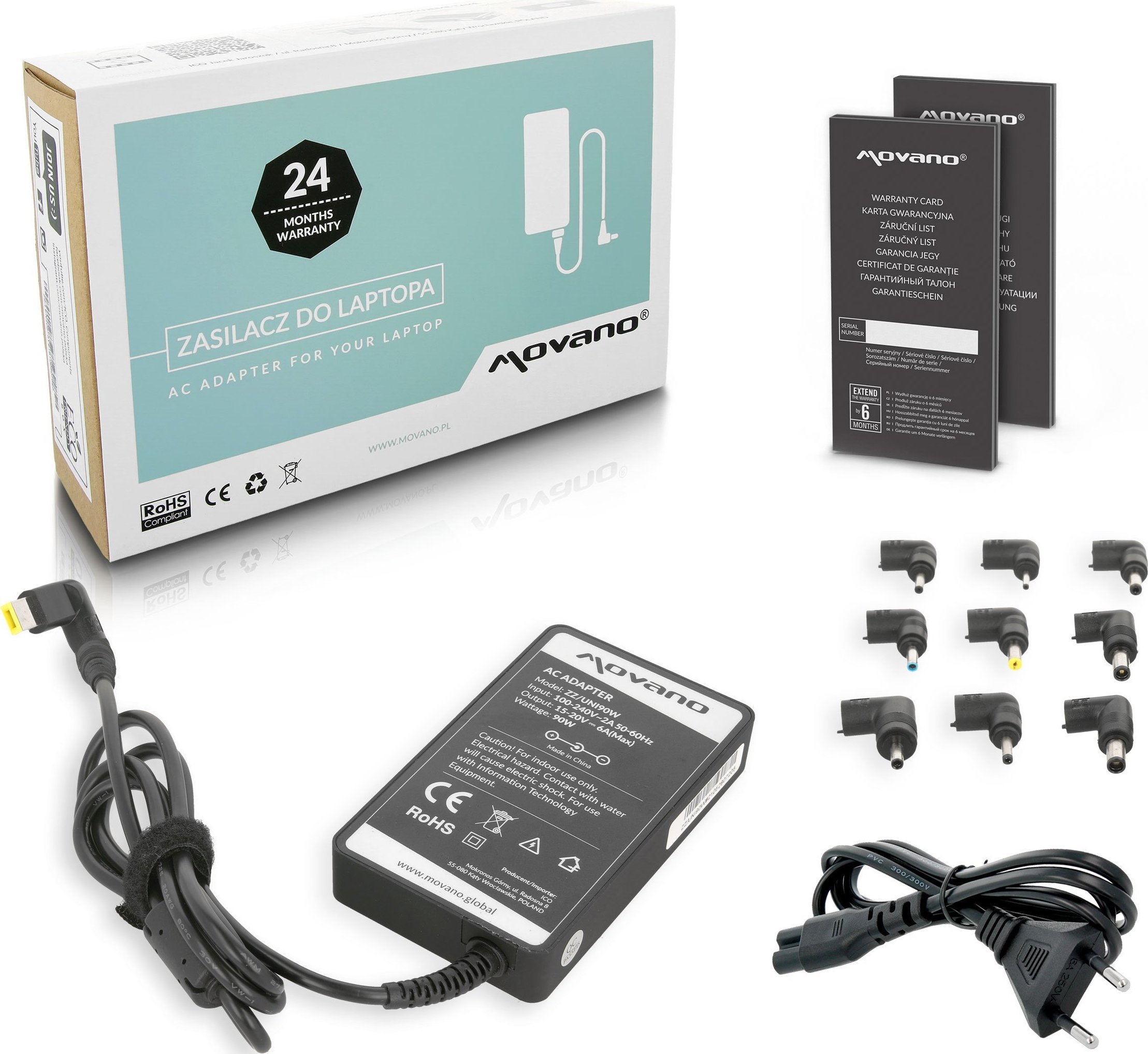 Karikues universal për laptop Movano 90W, 10 koka, i hollë i zi