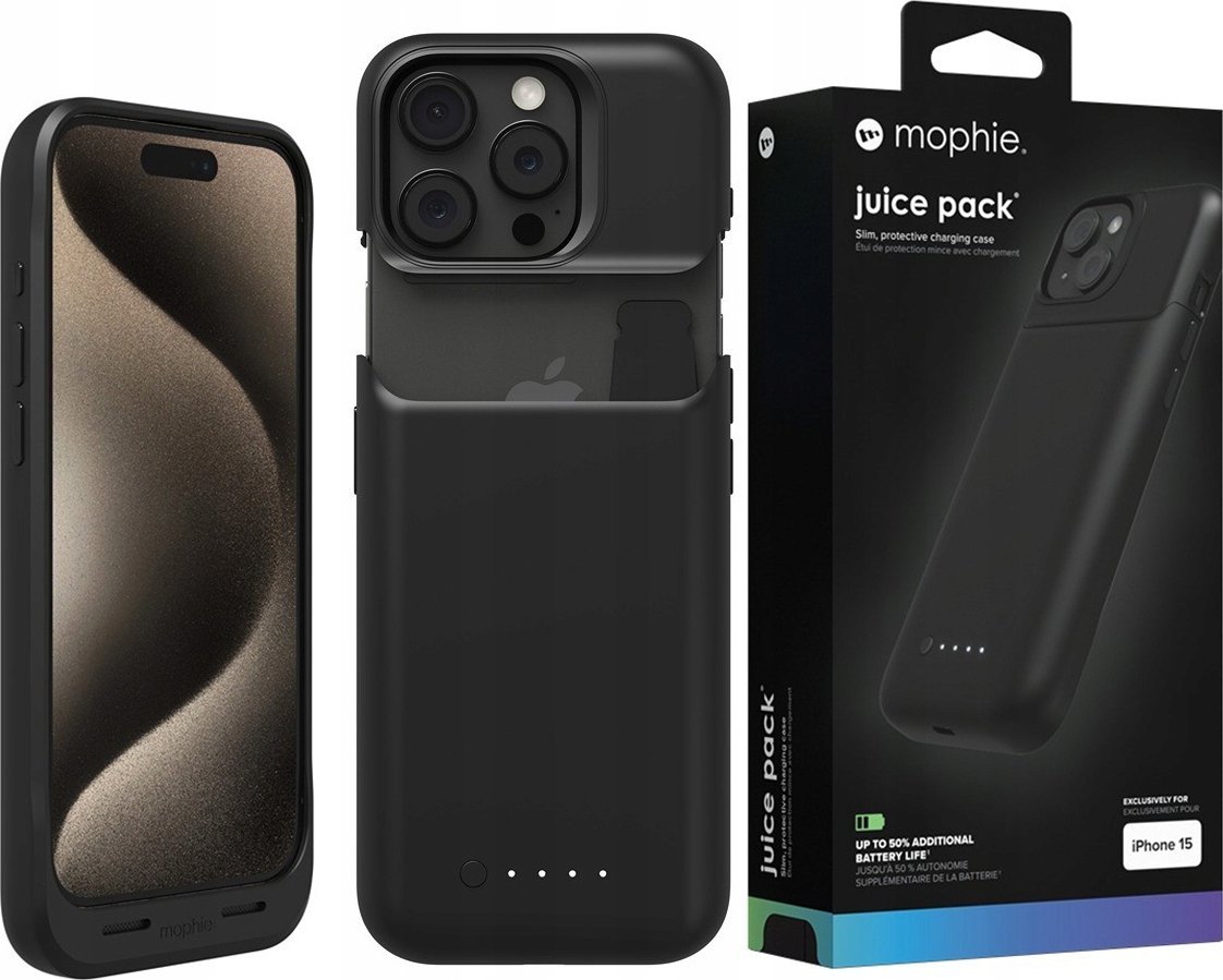 Kapak me bateri ZAGG Mophie Juice Pack, 2400mAh, për iPhone 15, i zi